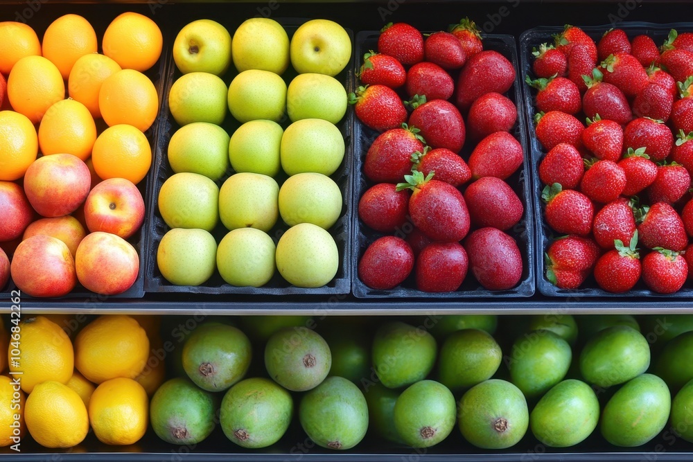 A close-up shot of a grocery store shelf with fresh produce, including oranges, apples, strawberries, and mangoes. A close-up shot of a grocery store shelf with fresh produce, including oranges, apples, strawberries, and mangoes.
