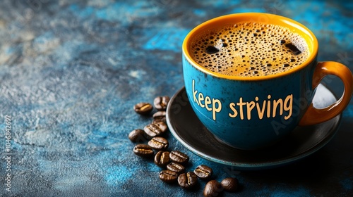 A cup of coffee with the words keep striving on it, sitting on a dark blue surface with coffee beans photo