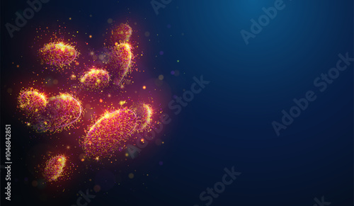 Abstract illustration of red shigella spp. bacteria cells made of glowing neon particles. Blue geometric background depicting microbiome medical concept. Digital vector illustration