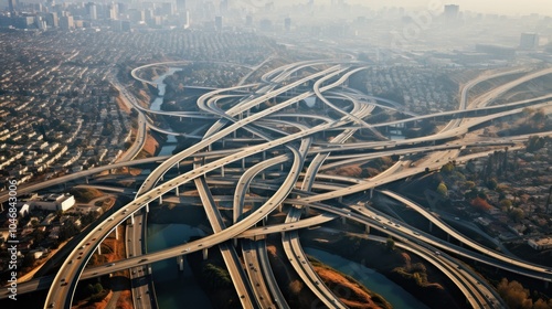 Aerial view of the river in Los Angeles with industrial areas on one side and residential neighborhoods on the other, photo