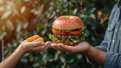 One hand holding apple fruit, other holding hamburger. Healthy natural organic fresh vegetarian food vs unhealthy processed fast junk food meat. Nutrition diet lifestyle, fitness eating choice