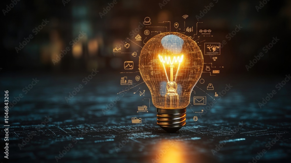 futuristic graphic icons of glowing light bulb concept picture of strategy business planning ideas and marketing success