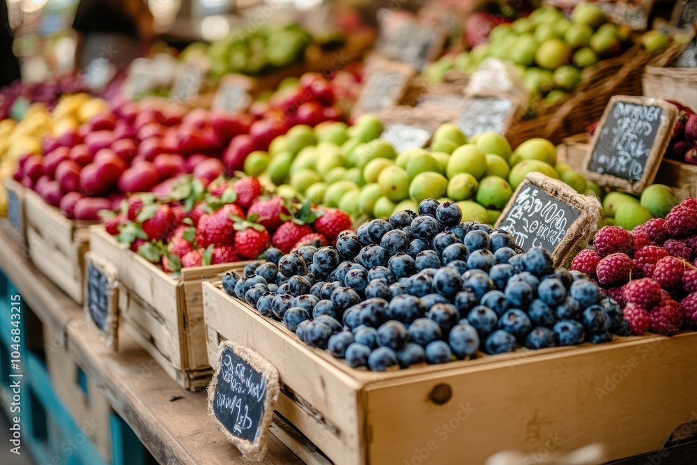 A colorful display of fresh fruit at a farmers market, with strawberries, blueberries, limes, and raspberries in wooden crates. A colorful display of fresh fruit at a farmers market, with strawberries, blueberries, limes, and raspberries in wooden crates.