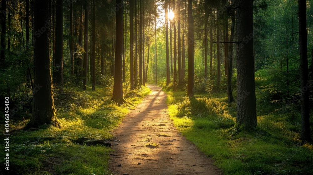 Obraz premium Forest path with dappled sunlight