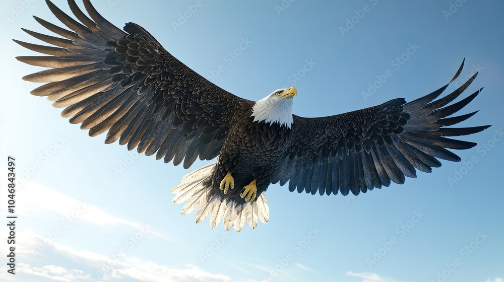 A majestic bald eagle soaring through a clear blue sky with outstretched wings A majestic bald eagle soaring through a clear blue sky with outstretched wings