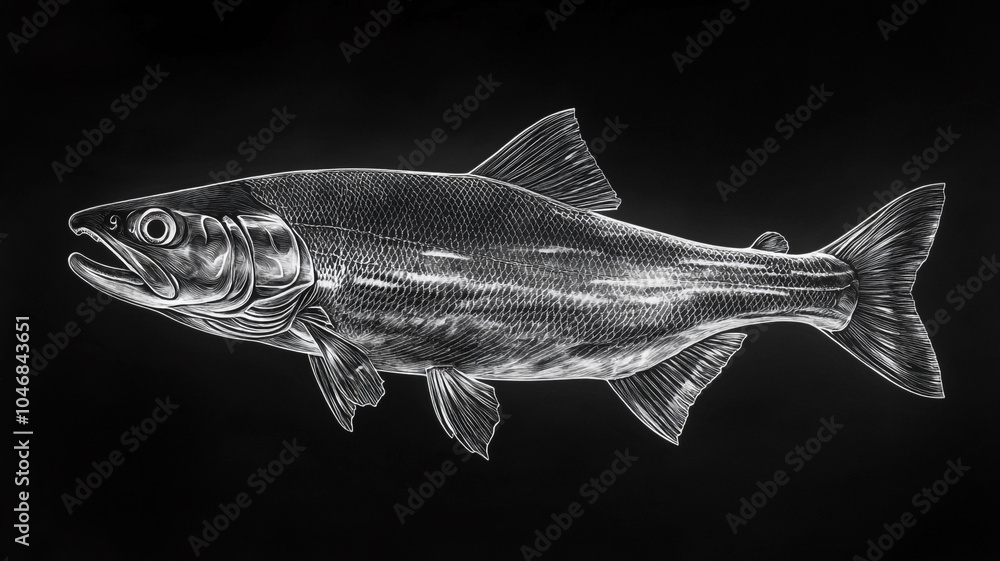 Fototapeta premium Detailed illustration of a salmon swimming in deep water showcasing its unique anatomical features