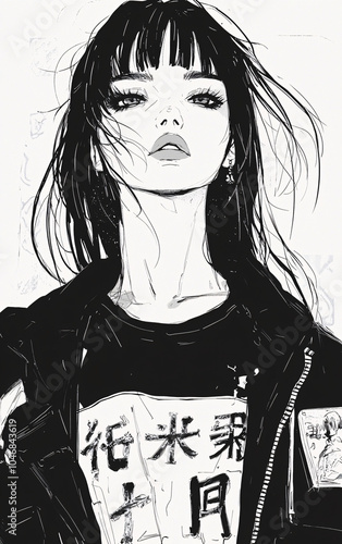 Black-and-white anime-style portrait of a female character wearing a large graphic T-shirt, with bold urban aesthetics and a gritty manga-inspired background. photo