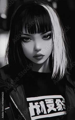 Black-and-white anime-style portrait of a female character wearing a large graphic T-shirt, with bold urban aesthetics and a gritty manga-inspired background. photo