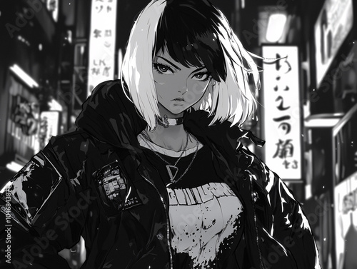 Black-and-white anime-style portrait of a female character wearing a large graphic T-shirt, with bold urban aesthetics and a gritty manga-inspired background. photo