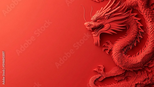 Intricate red dragon relief against a solid red background showcasing traditional Chinese artistry and symbolism