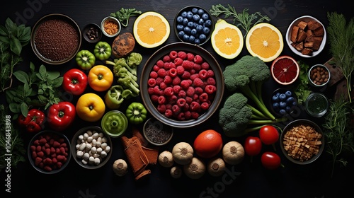 A variety of fresh fruits, vegetables, and grains arranged on a black surface, promoting healthy eating.