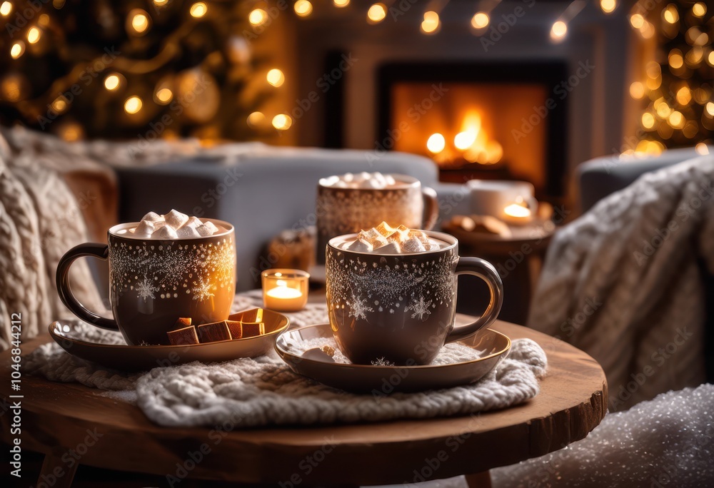 Fototapeta premium charming cozy hot cocoa setup featuring inviting warm accents elegant soft beautiful decorations, blankets, cookies, comfort, cups, warmth, mugs