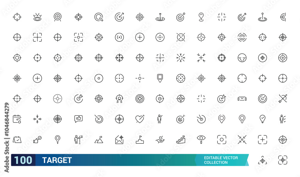 Target icon set. Containing aim, goal, bullseye, focus, objective, precision, success, achievement, and more. Line vector icons collection. Vector illustration. Target icon set. Containing aim, goal, bullseye, focus, objective, precision, success, achievement, and more. Line vector icons collection. Vector illustration.