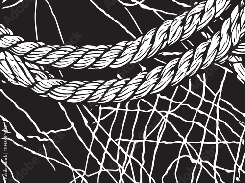 Distress grunge vector texture of wicker rope. Black and white background