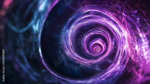  Blue and violet fractal tunnel. Big data, abstract glowing background