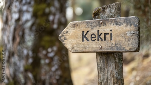 Wooden signpost in forest, pointing to 