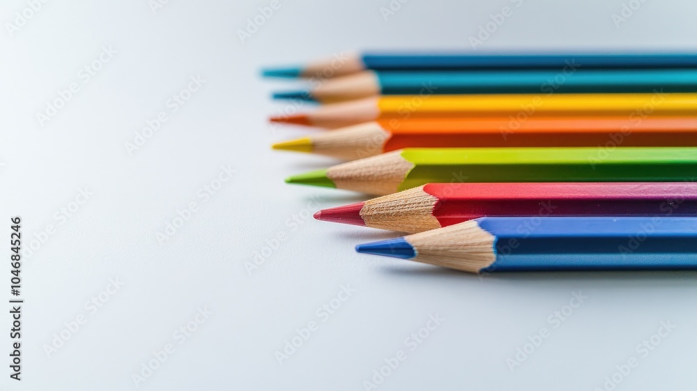 Arranged colored pencils on white background in close-up view Arranged colored pencils on white background in close-up view
