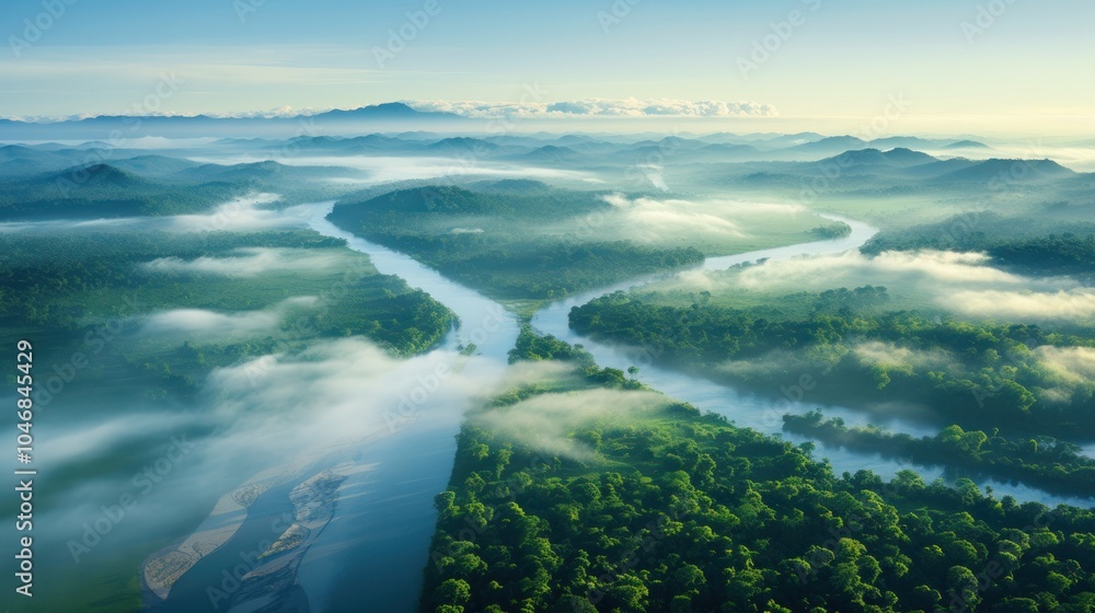 Fototapeta premium An aerial photograph of the Amazon River as it curves through a vast forested mountain area.
