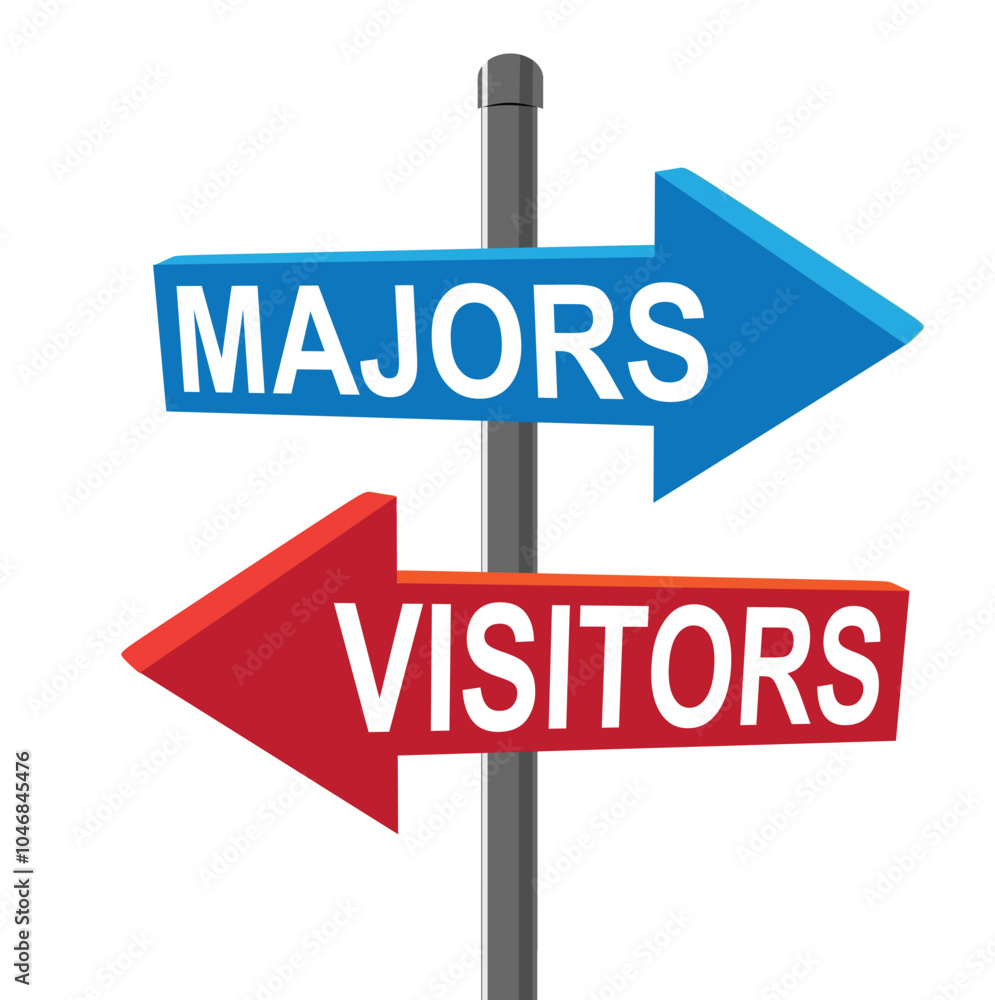 Red and blue arrows in the form of signposts that say Majors, Visitors Red and blue arrows in the form of signposts that say Majors, Visitors