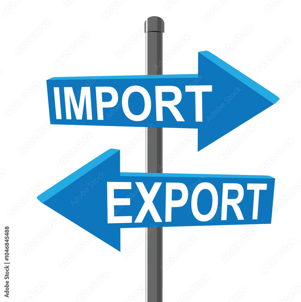 Blue arrows in the form of signposts that say Export, Import Blue arrows in the form of signposts that say Export, Import