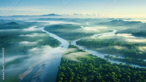 An aerial photograph of the Amazon River as it curves through a vast forested mountain area.