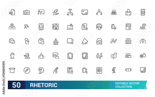 Rhetoric icons set outline vector. Related to Language, spoken, audience, audio and more. Outline vector icon. Outline icon collection. Editable stroke.