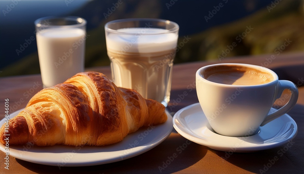 un croisanant junto a un cafe cremoso en taza, en una mesa un croisanant junto a un cafe cremoso en taza, en una mesa