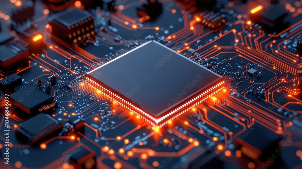 Futuristic microchip on circuit board, glowing lights, dark background. Futuristic microchip on circuit board, glowing lights, dark background.