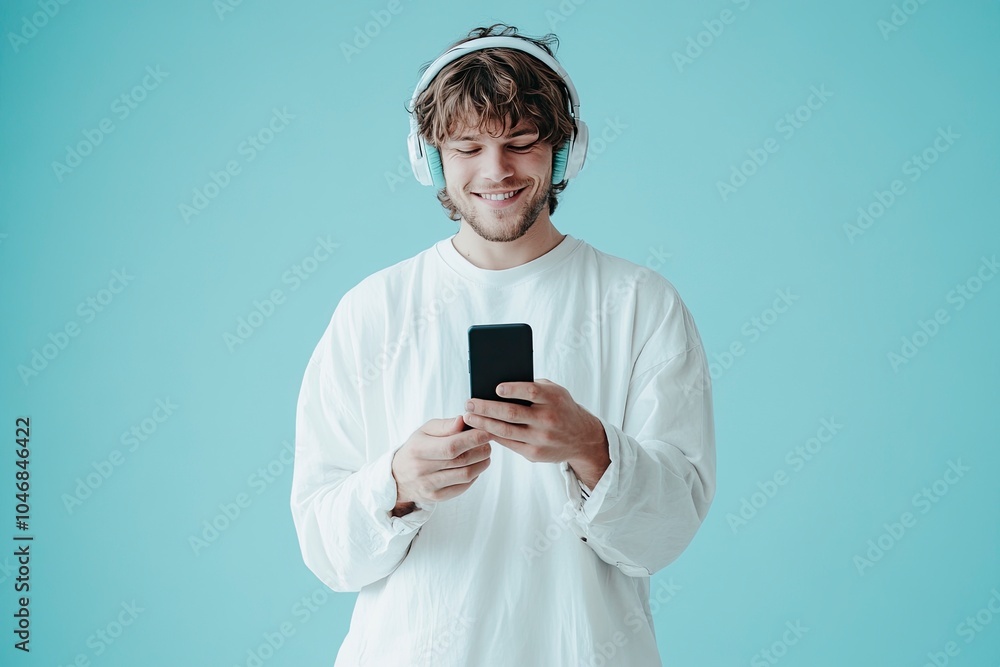 Young smiling happy satisfied man wear shirt white t-shirt casual clothes listen to music in headphones use mobile cell phone isolated on plain blue cyan background studio portrait. generative ai Young smiling happy satisfied man wear shirt white t-shirt casual clothes listen to music in headphones use mobile cell phone isolated on plain blue cyan background studio portrait. generative ai