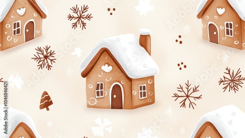 Gingerbread houses with snow on a light background, festive theme. photo