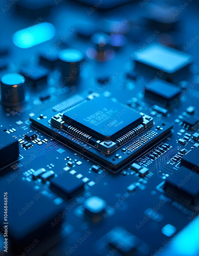 Close-up view of a futuristic mother plate surrounded by a network of wires and circuits, with a softly blurred background portraying a vibrant cybernetic world. Close-up view of a futuristic mother plate surrounded by a network of wires and circuits, with a softly blurred background portraying a vibrant cybernetic world.
