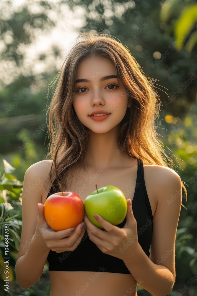A young woman stands in a lush garden, holding a red apple in one hand and a green apple in the other. She smiles warmly, surrounded by vibrant foliage and soft sunlight A young woman stands in a lush garden, holding a red apple in one hand and a green apple in the other. She smiles warmly, surrounded by vibrant foliage and soft sunlight