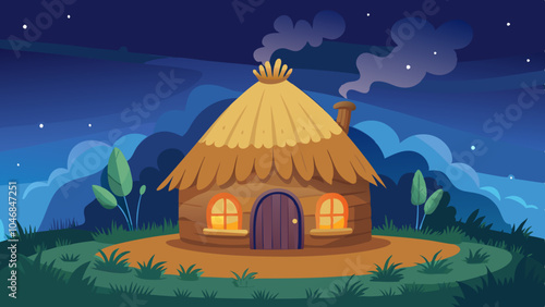 A cozy hut made of thatched grass under a starry night, with warm lights glowing inside and smoke from a chimney