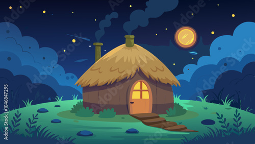 A cozy hut made of thatched grass under a starry night, with warm lights glowing inside and smoke from a chimney