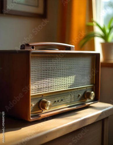 close-up of a vintage radio with exposed electronic parts, blurred background with warm tones of wood and fabric