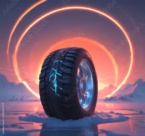 Illustration of winteer tire with  glowing techno effect. photo