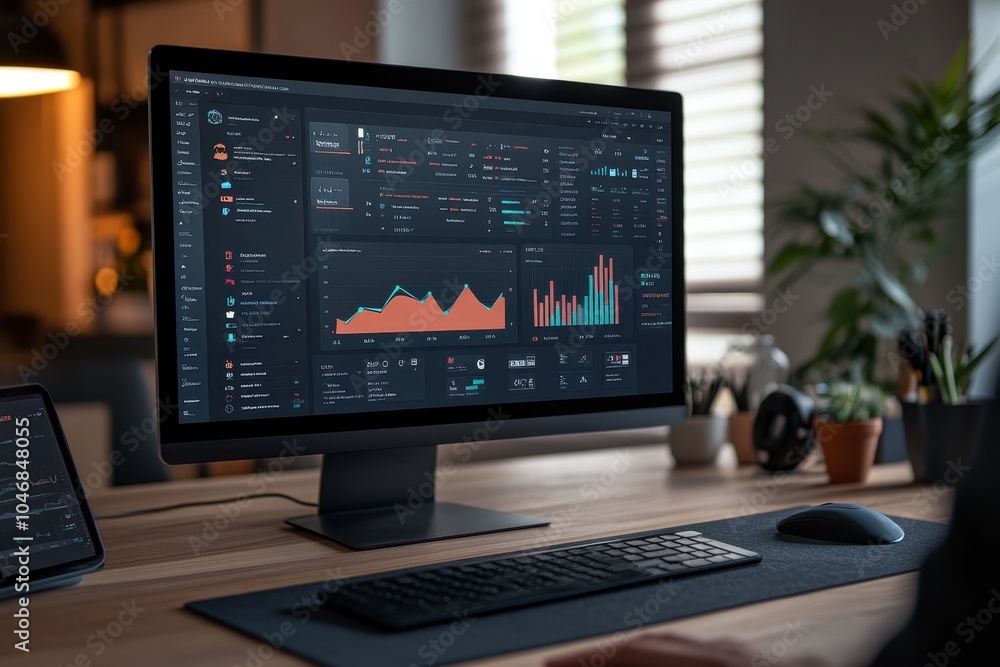 A close-up view of a computer monitor displaying graphs and charts with a keyboard, mouse, and potted plants in the background. A close-up view of a computer monitor displaying graphs and charts with a keyboard, mouse, and potted plants in the background.