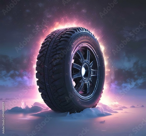 Illustration of winteer tire with  glowing techno effect. photo