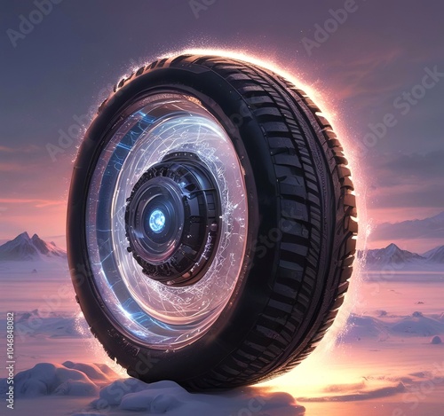 Illustration of winteer tire with  glowing techno effect. photo