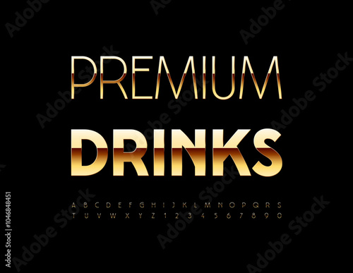 Vector advertising logo Premium Drinks. Elite Slim Font. Elegant Gold Alphabet Letters and Numbers set.