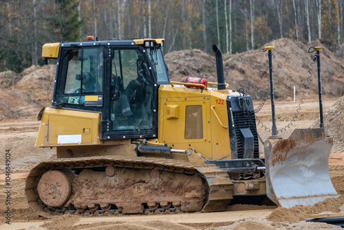 Yellow Construction bulldozer at Work.