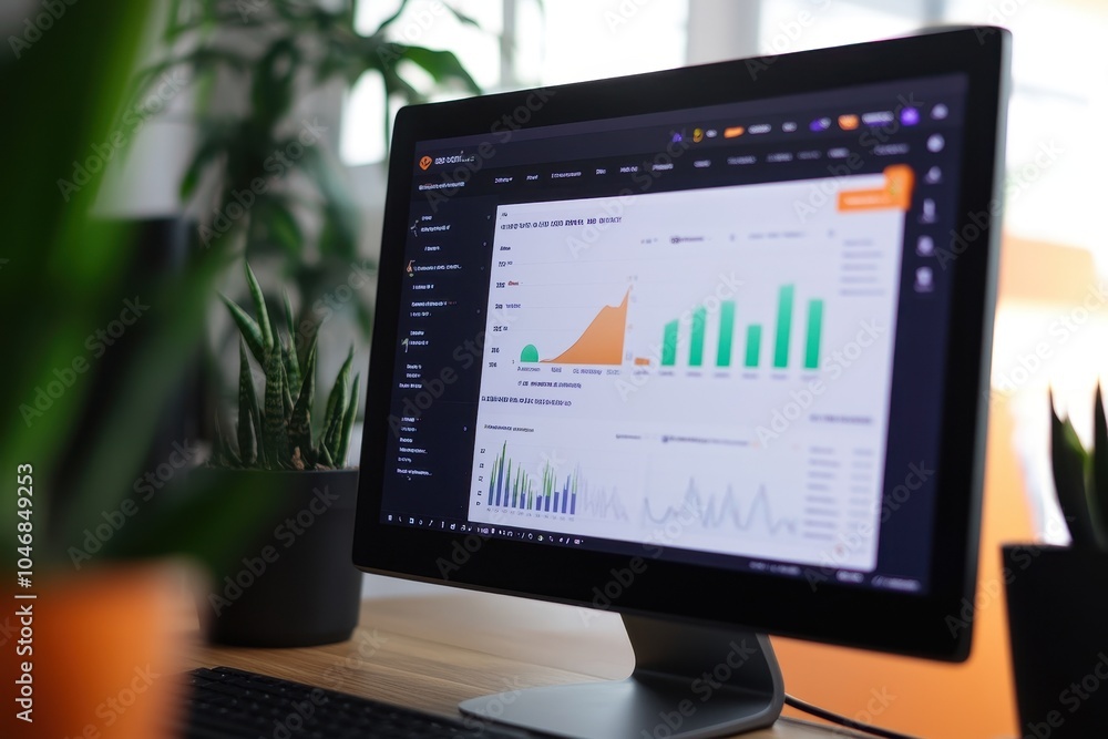 A computer monitor displaying a graph of data, with a blurred image of plants in the foreground. A computer monitor displaying a graph of data, with a blurred image of plants in the foreground.