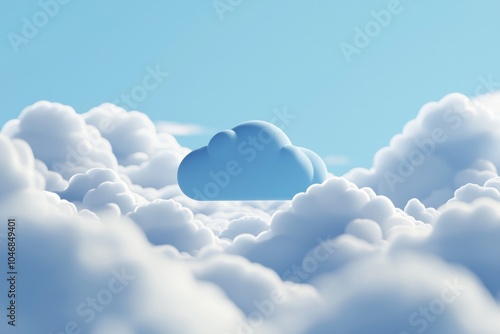 3D render of a simple, minimalistic cartoon blue cloud on a clean background, surrounded by many white clouds of different sizes and shades.  photo