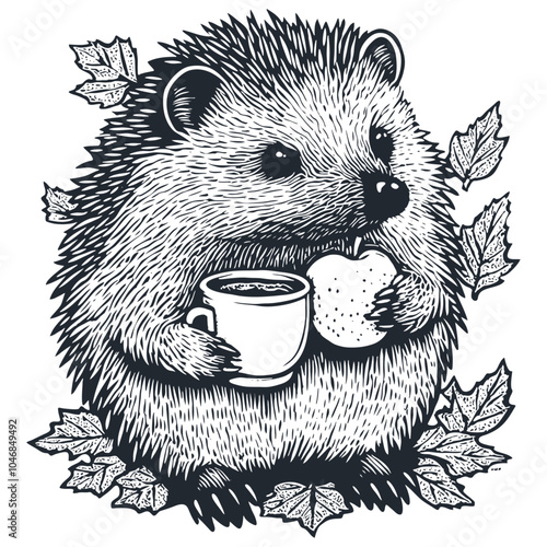 A vector illustration of a hedgehog holding an apple and a cup, surrounded by leaves.