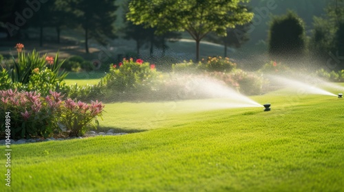 A close-up view of an automatic water irrigation system installed on a lush green lawn,