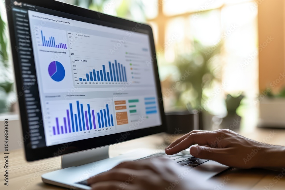 Close up of a person's hands on a laptop keyboard, reviewing graphs and charts on a computer screen. Close up of a person's hands on a laptop keyboard, reviewing graphs and charts on a computer screen.