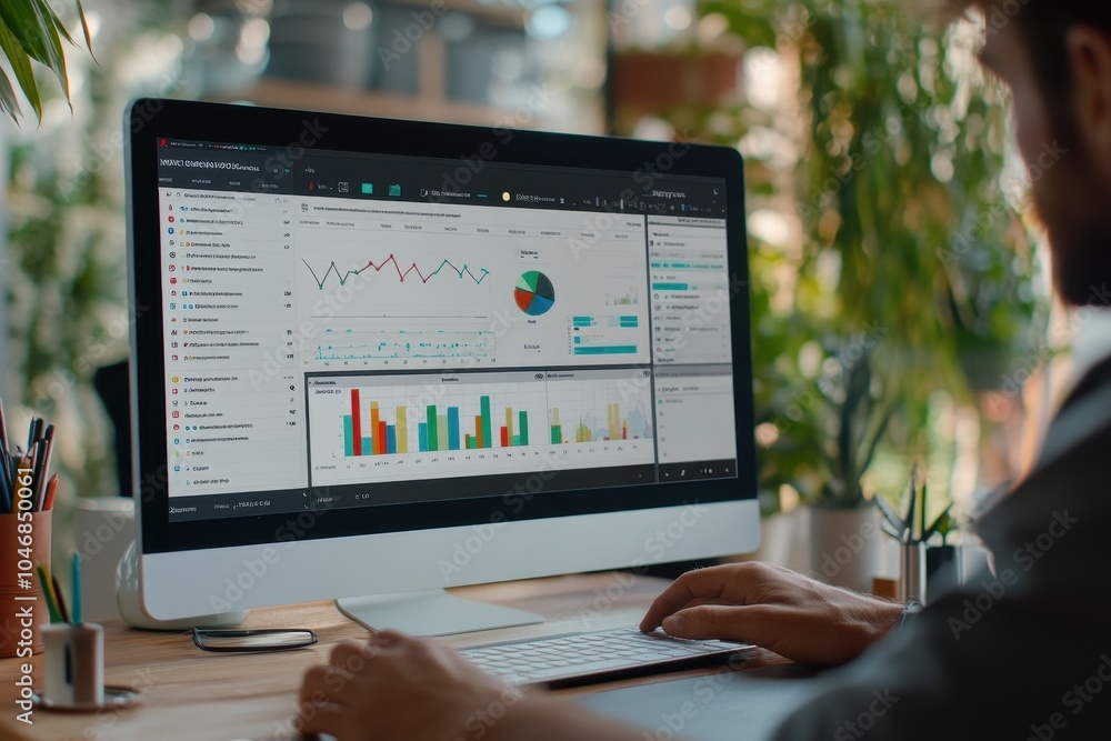 A man working on a computer with data analytics charts and graphs on the screen. A man working on a computer with data analytics charts and graphs on the screen.
