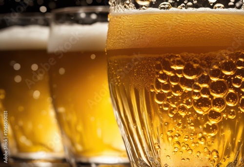 detailed macro shot capturing frothy beer clear glass revealing bubbles texture warm light shimmering liquid, beverage, alcohol, refreshing, drink, draft photo