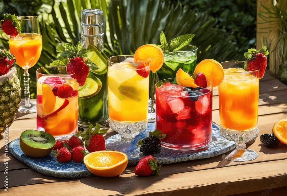 Fototapeta premium vibrant summer beverages featuring brightly colored fresh fruit arrangements refreshing seasonal experience, cocktail, smoothie, lemonade, punch, spritzer