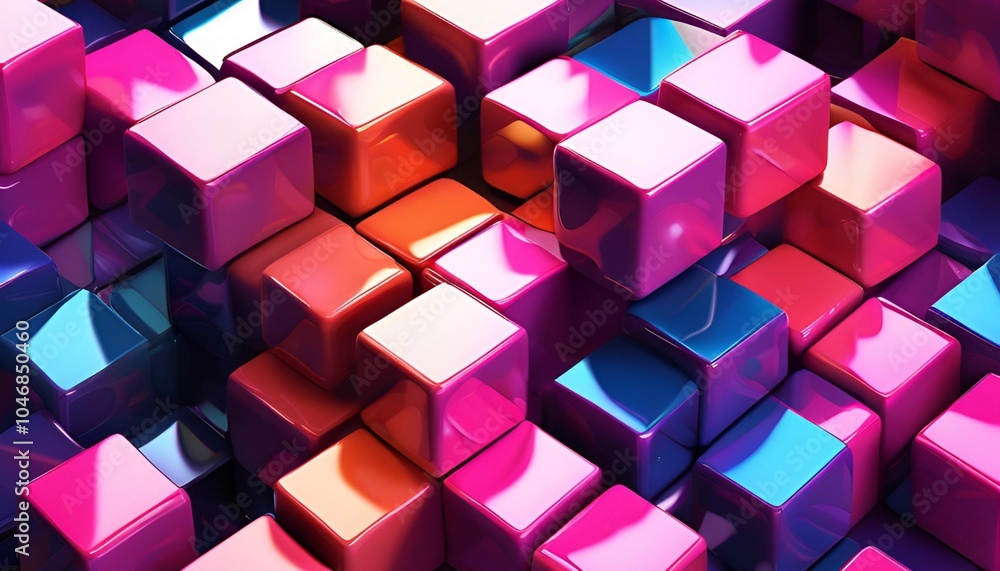 Abstract illustration of geometric shapes and structures in colorful neon colors and lights in cyberspace against dark background Abstract illustration of geometric shapes and structures in colorful neon colors and lights in cyberspace against dark background